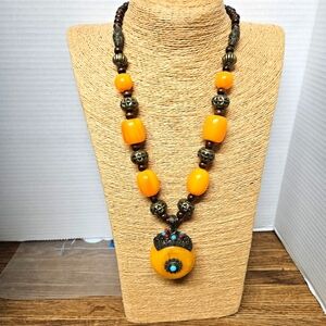 Vintage Tribal Ethnic Faux Amber and Bronze Necklace